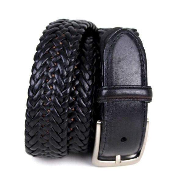 BRAIDED BLACK GENUINE LEATHER 1 3/8"Wd ELASTIC CASUAL DRESS MEN'S BELT 52 (22M - Picture 1 of 11